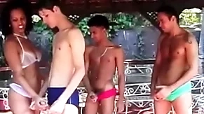 Three latino lovers have fixed fuck session with three lusty sluts outdoors