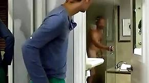 Young sexy stepson is in total awe of his beefy stepdad as he enters the house after his morning manage