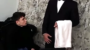 (simon best) rides his butler's (denny chris) hard gumshoe until he unloads on his face - bromo