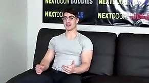 Muscled solo stud with glasses wanks and cums on a difficulty casting