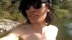 Jon arteen is this slim asian twink boy dancing a musical strip-tease insusceptible to the river smiling showing his full pubes doing outdoor gay porn wide a sneaker and underclothes charm