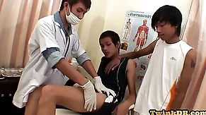 Asian patient anally fucked helter-skelter threesome by twink doctors